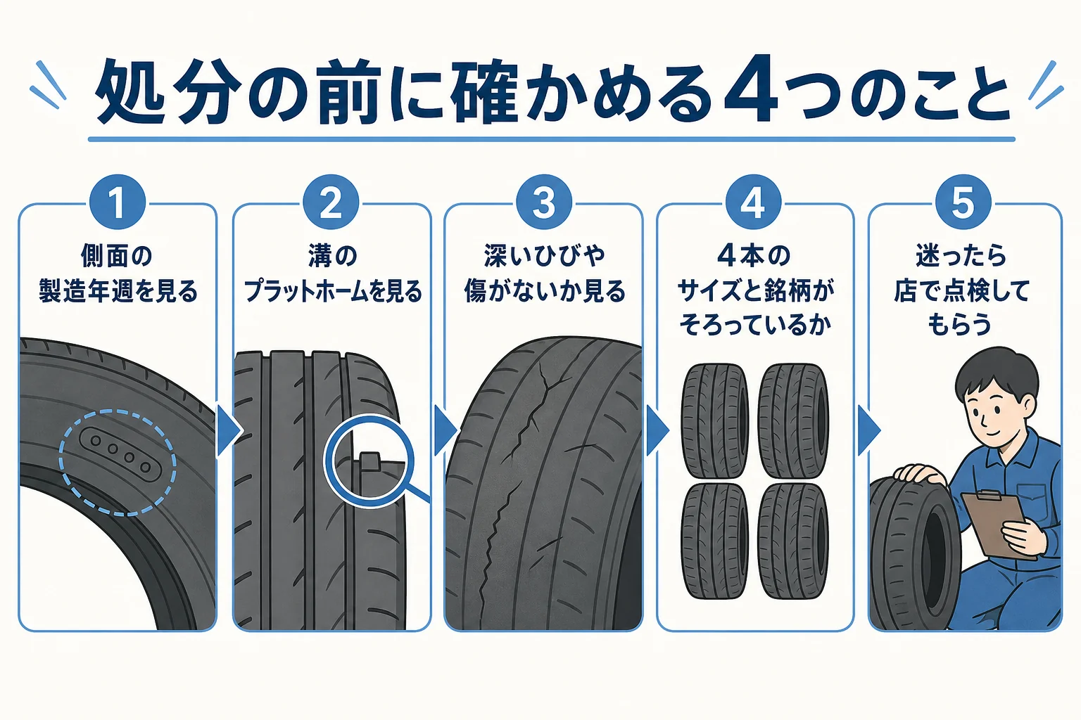 使わなくなったスタッドレスタイヤを処分する前に確かめる4つのポイントの図解