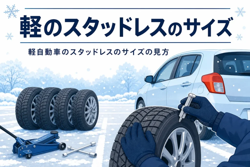 ホイール付きの冬用タイヤの側面を確かめる手元と、軽自動車のスタッドレスタイヤのサイズを紹介する記事タイトル