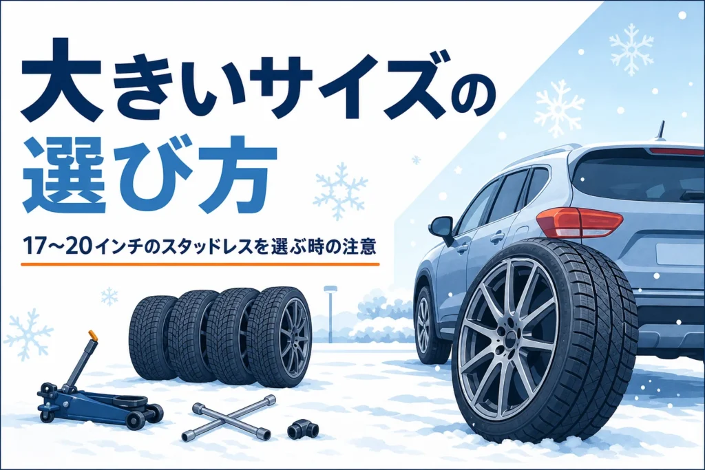雪の駐車場のSUVと大径ホイール付きの冬用タイヤに、大きいサイズのスタッドレスの選び方を紹介する記事タイトル