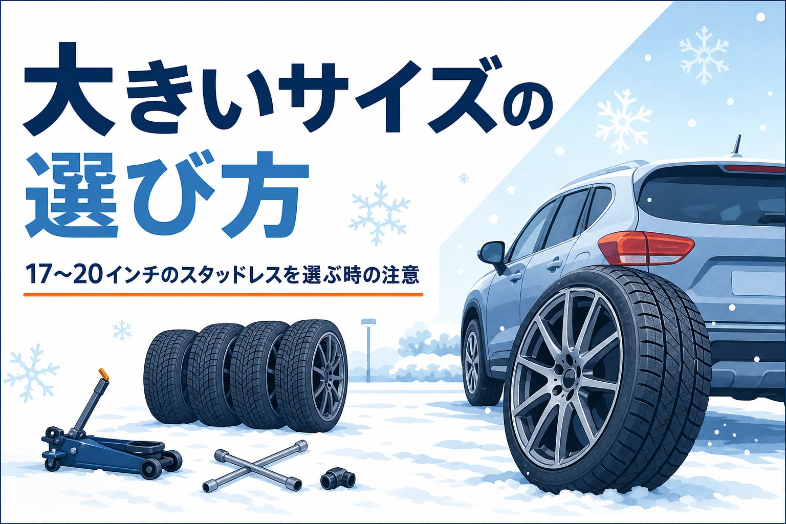 雪の駐車場のSUVと大径ホイール付きの冬用タイヤに、大きいサイズのスタッドレスの選び方を紹介する記事タイトル