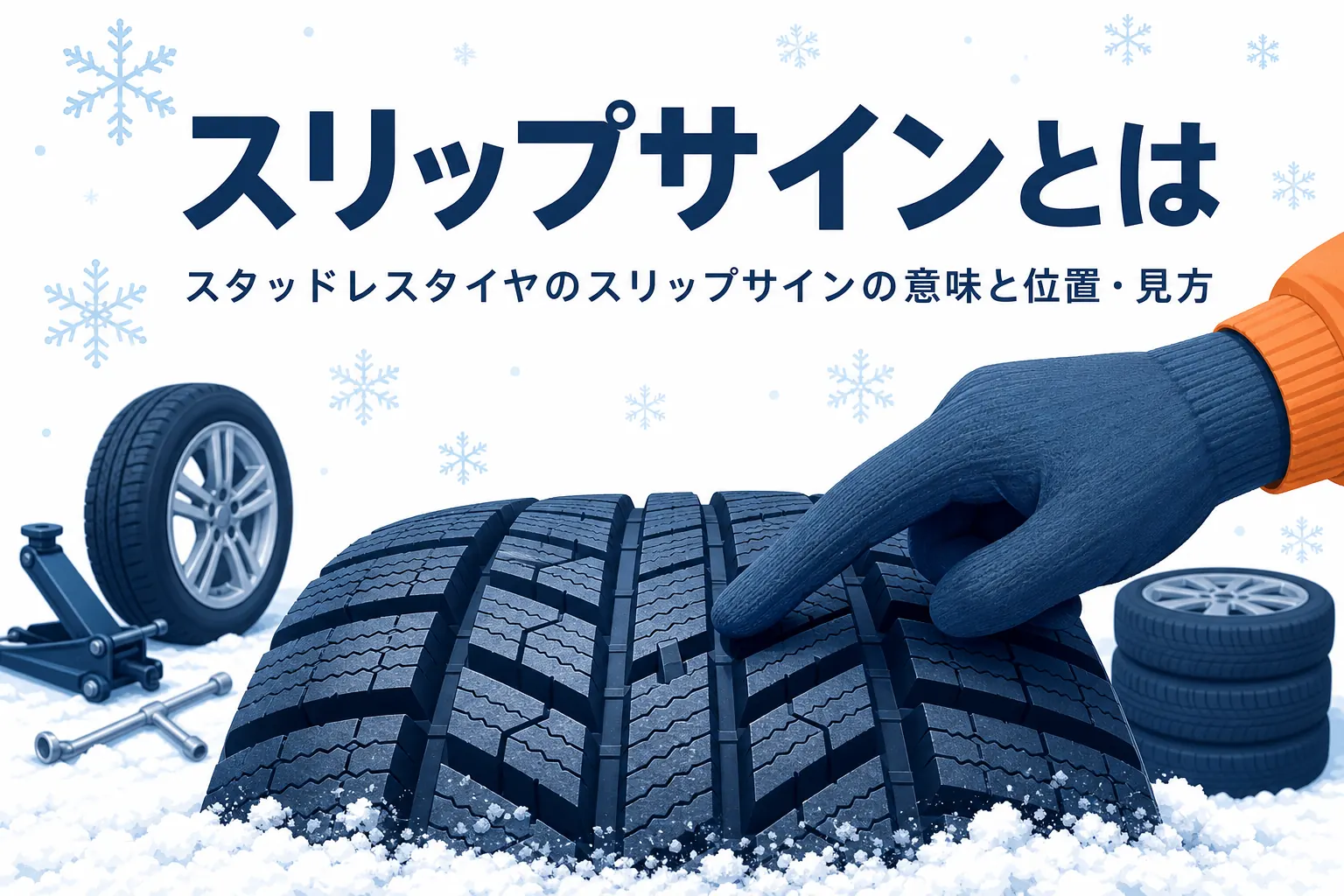 冬用タイヤの溝の底にある盛り上がりを指す手元と、スリップサインの意味と見方を紹介する記事タイトル