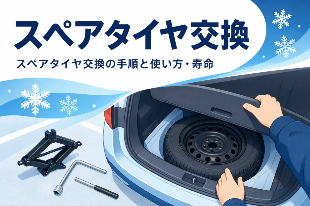 トランクの応急用タイヤとジャッキに、スペアタイヤ交換の手順を紹介する記事タイトル