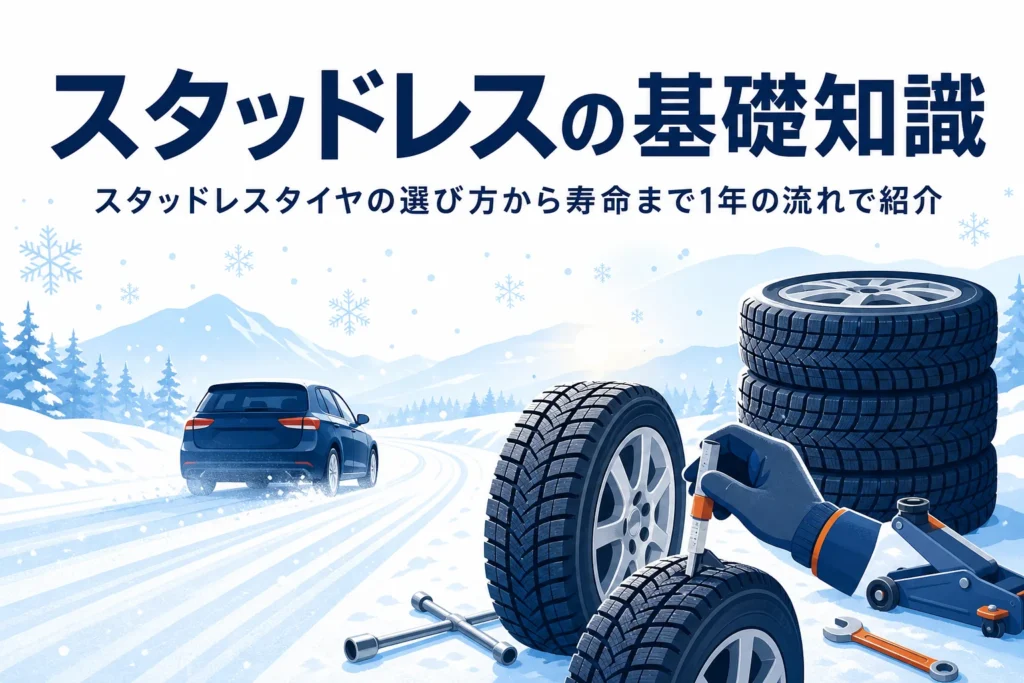 雪道を走る車と溝の深い冬用タイヤに、スタッドレスタイヤの基礎知識を紹介する記事タイトル
