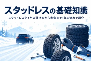 雪道を走る車と溝の深い冬用タイヤに、スタッドレスタイヤの基礎知識を紹介する記事タイトル