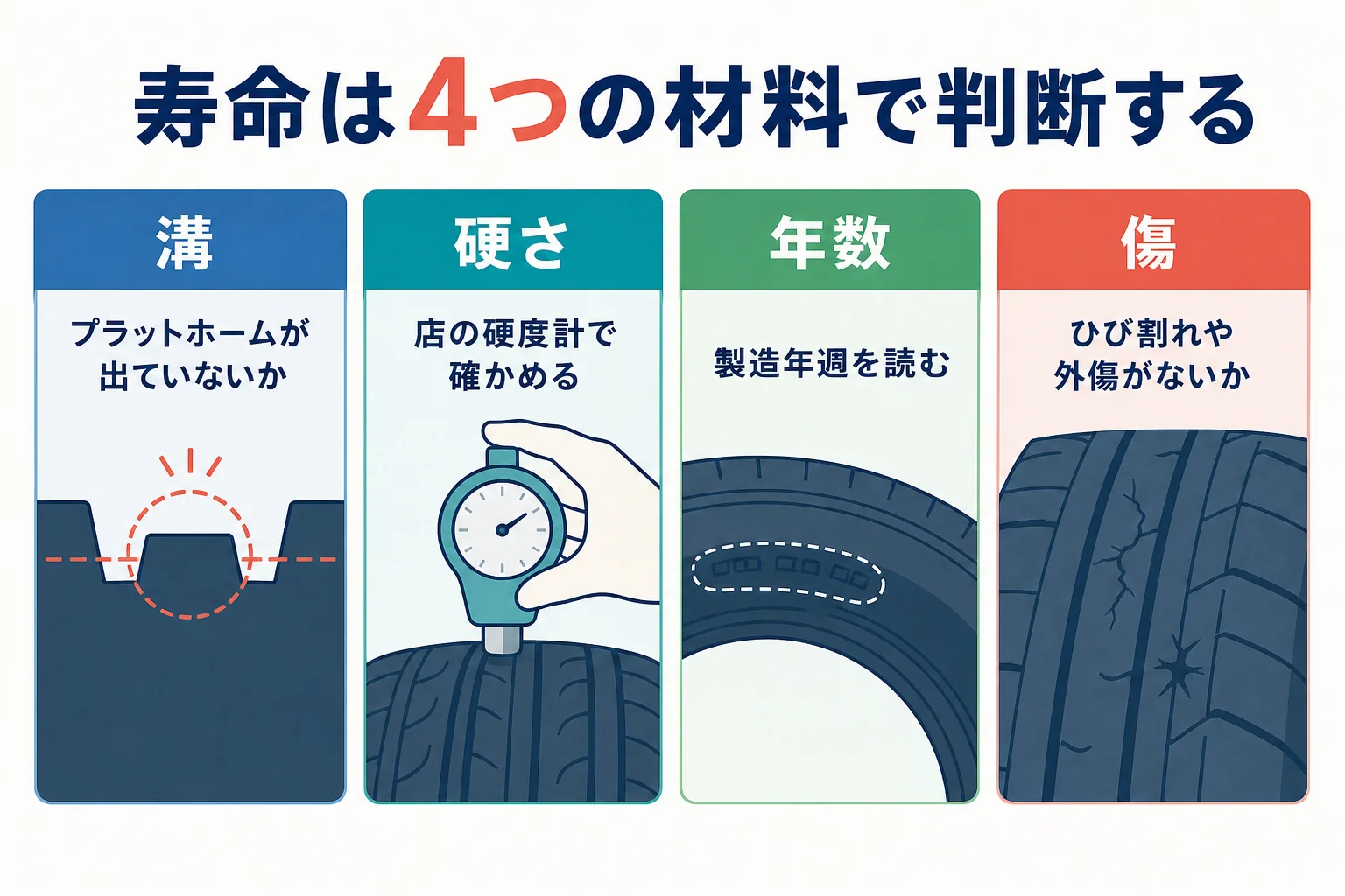 スタッドレスタイヤの寿命を溝・ゴムの硬さ・年数・傷の4つの材料で判断することを示した図解