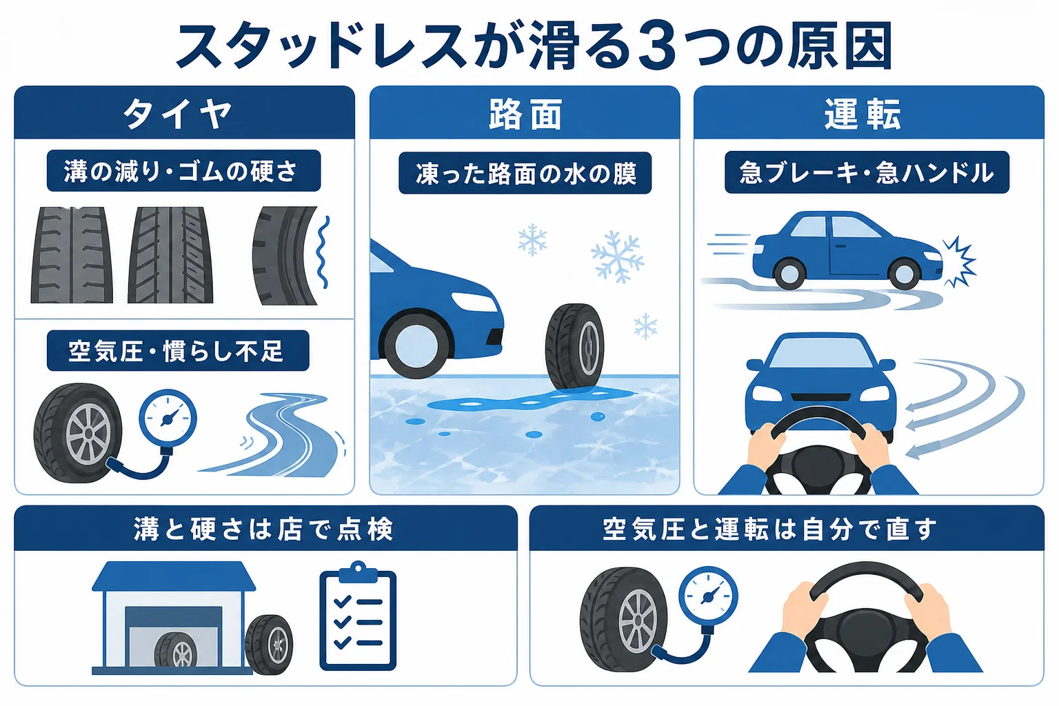 スタッドレスが滑る原因をタイヤ・路面・運転の3つに分け、自分で直せるものと点検に出すものを並べた図解