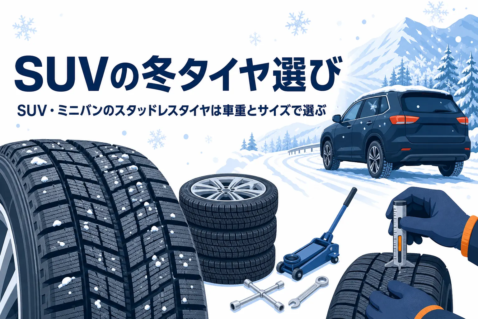 雪道に止まるSUVと大きな冬用タイヤ、SUV・ミニバンのスタッドレスタイヤの選び方を紹介する記事タイトル
