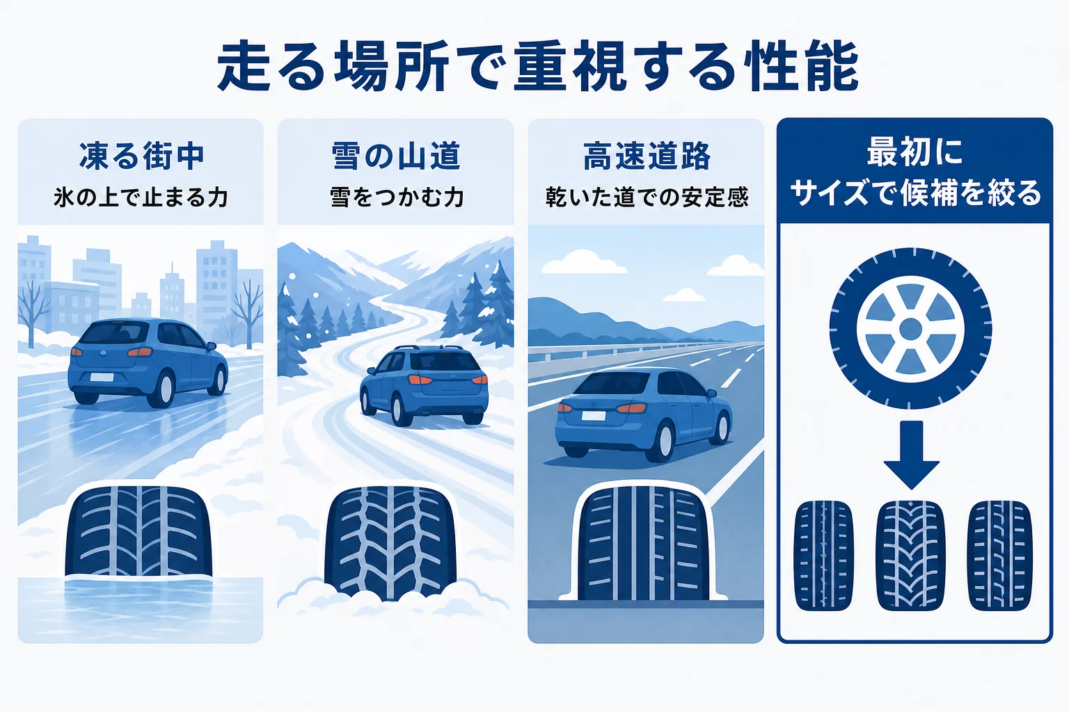 走る場所に合わせてスタッドレスの重視する性能を選ぶ流れを示した図解