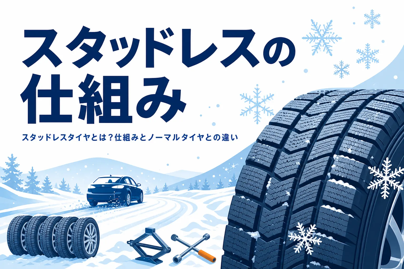 雪道を走る乗用車と溝の深い冬用タイヤに、スタッドレスタイヤの仕組みを紹介する記事タイトル
