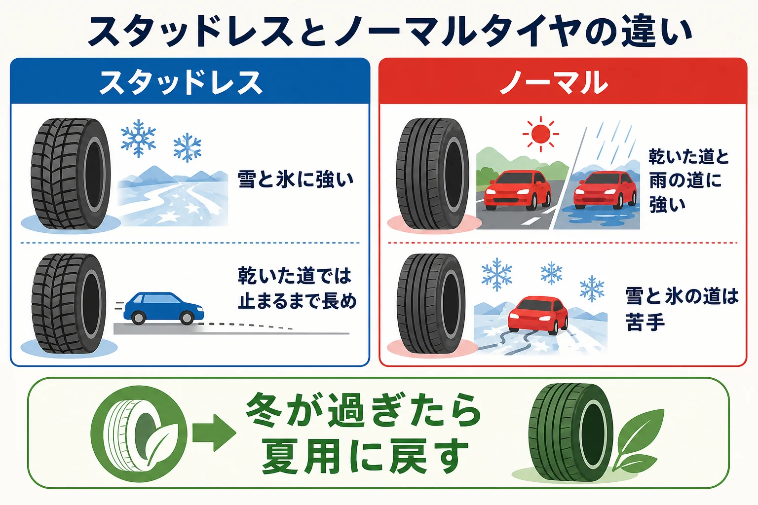 スタッドレスタイヤとノーマルタイヤの違いをゴム・溝・得意な路面・苦手な路面で比べた図解