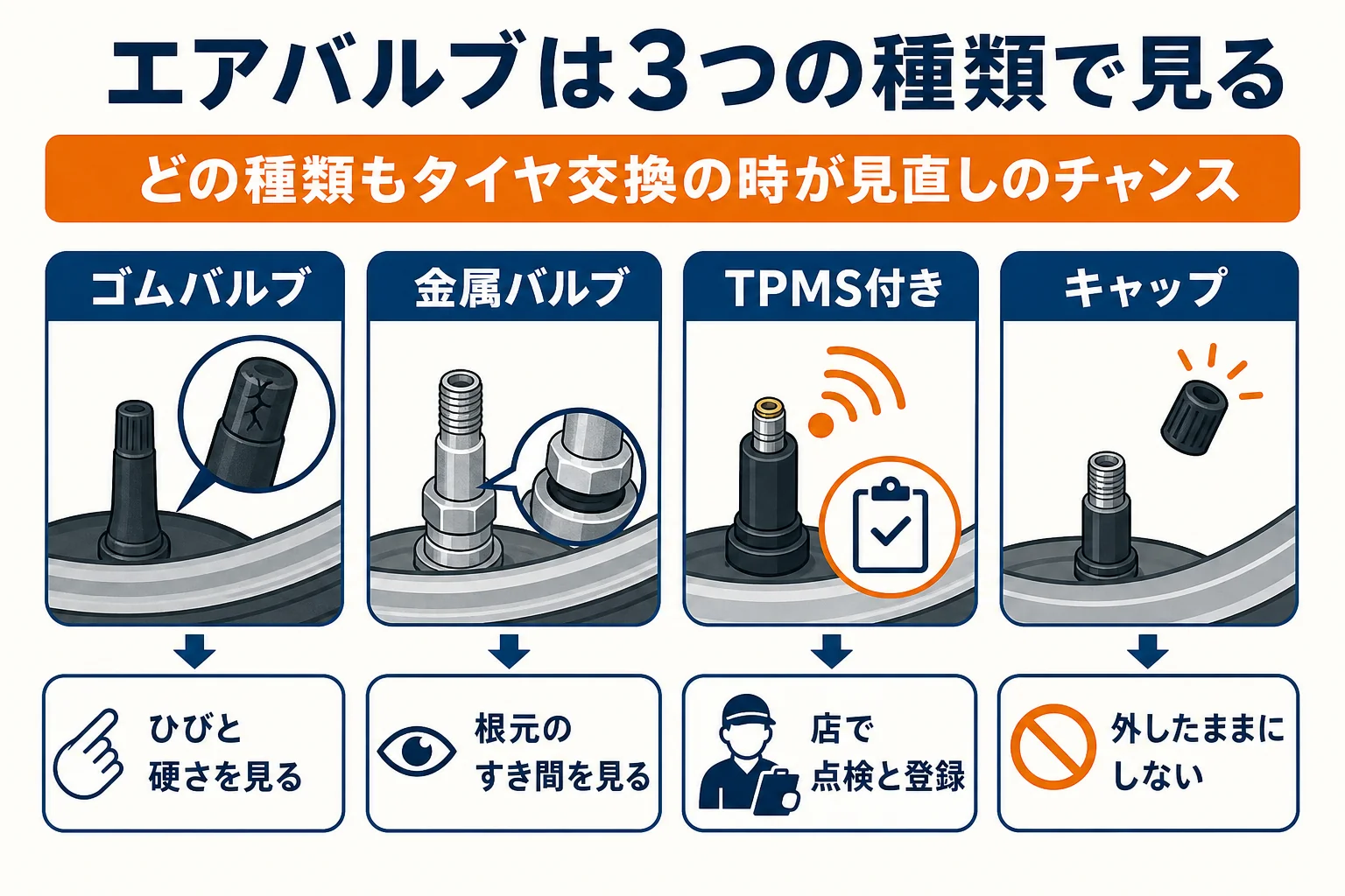 エアバルブをゴムバルブ・金属バルブ・TPMS付きの3つに分けて交換の目安を示した図解