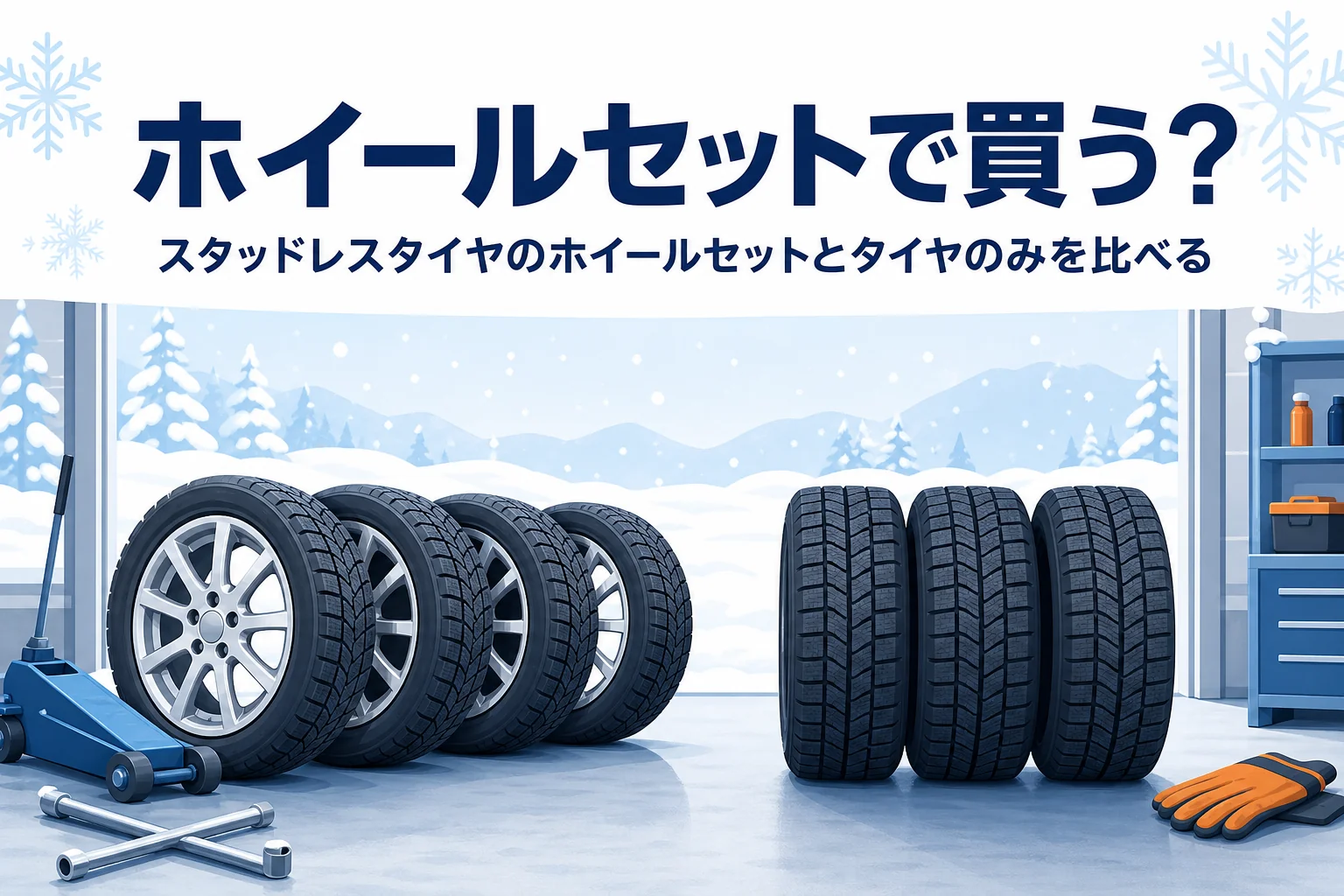ホイール付きの冬用タイヤとホイールなしのタイヤに、スタッドレスタイヤのホイールセットを比べる記事タイトル
