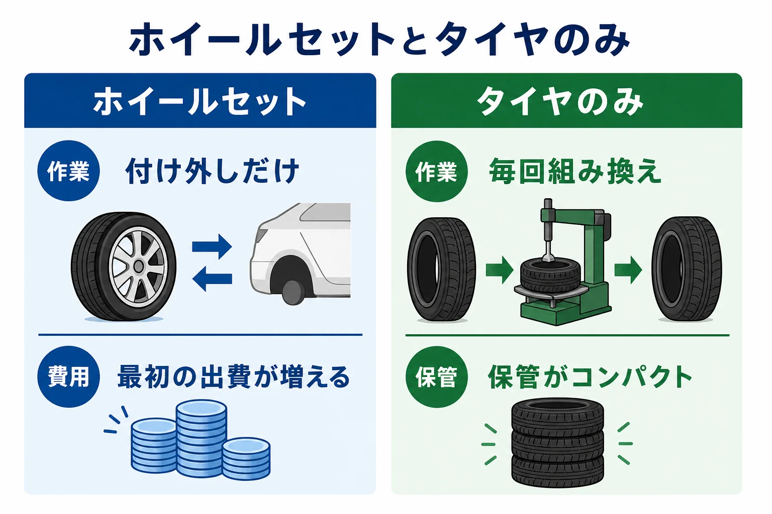 スタッドレスタイヤをホイールセットで買う場合とタイヤのみで買う場合の履き替え作業の違いを示した図解