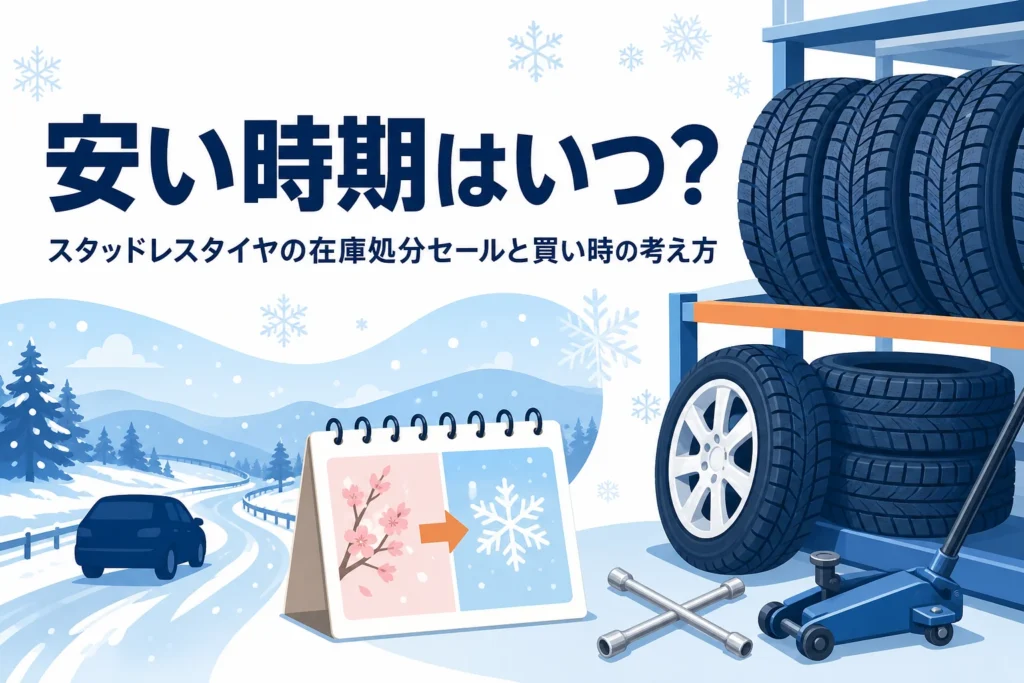 棚に並ぶ冬用タイヤと季節のカレンダーのモチーフ、スタッドレスタイヤの安い時期を紹介する記事タイトル