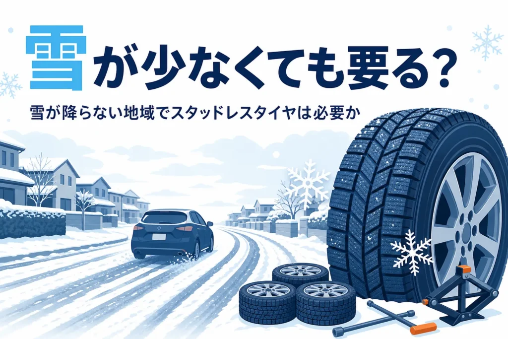 うっすら雪の積もった住宅街を走る乗用車のシルエットと、雪が降らない地域でスタッドレスが必要かを考える記事タイトル