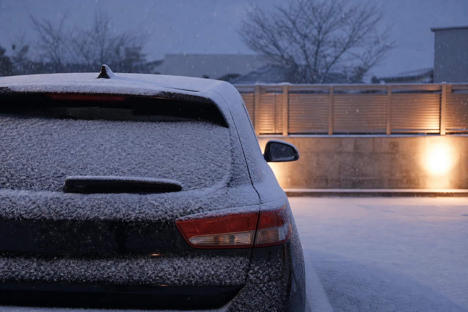 雪が降り始めた駐車場に止まる乗用車。雪の予報が出た日に車を使うかを考える場面の写真