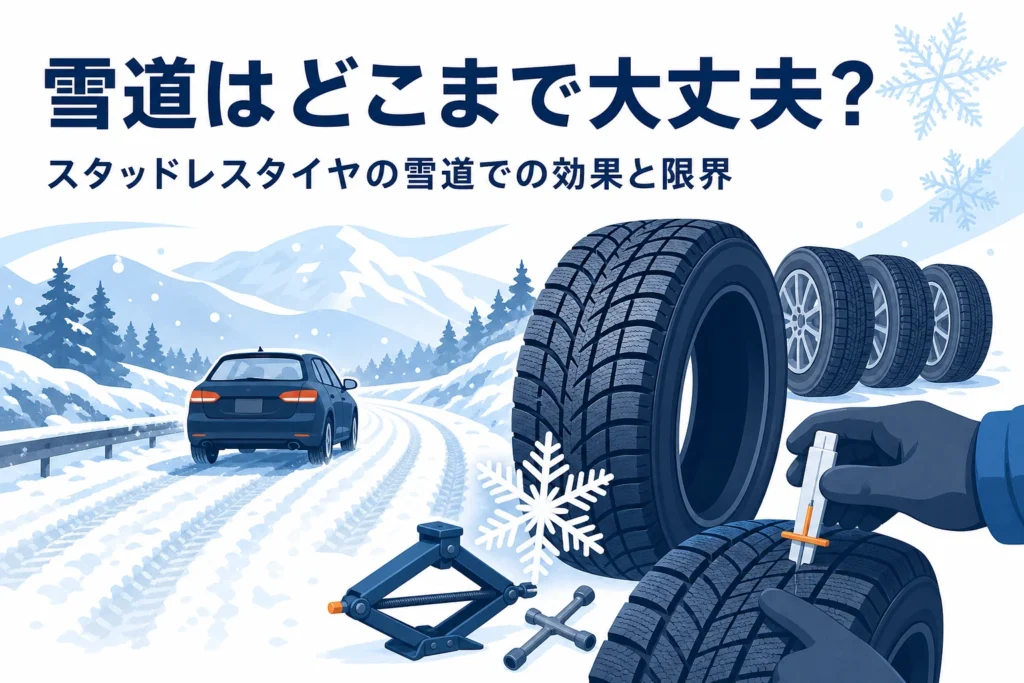 雪の積もった山道を走る乗用車の後ろ姿と、スタッドレスタイヤの雪道での効果と限界を紹介する記事タイトル