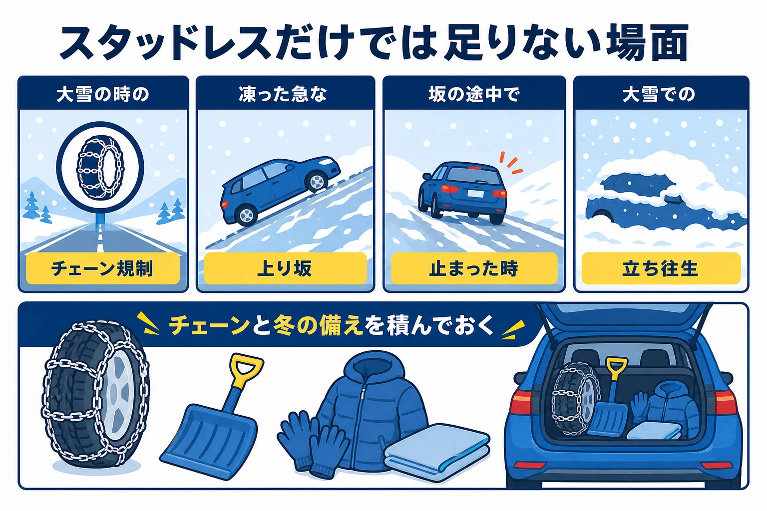 チェーン規制や凍った坂など、スタッドレスタイヤだけでは足りない場面と備えをまとめた図解
