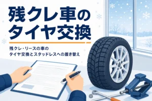 契約書と冬用タイヤが並ぶ机と「残クレ車のタイヤ交換」の文字